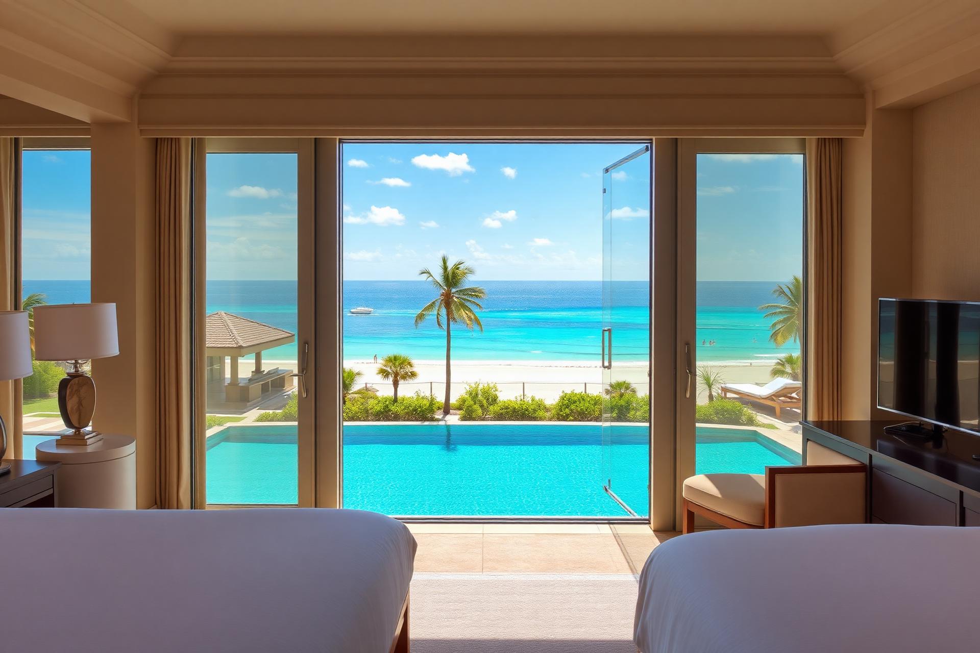 Bright luxury hotel suite overlooking a turquoise ocean